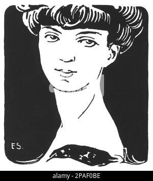 1905 ca : The french woman poet vimcountesse ANNA DE NOAILLES ( 1876 - 1933 ) , friend of Marcel Proust , Jean Cocteau , Anatole France , sarah Bernhardt , Andre Gide , Man Ray and Robert de Montesquiou . Portrait by the italian illustrator artist ENRICO SACCHETTI ( 1877 - 1967 )for the F. T. Marinetti italian poetry magazine  - POESIA - POESIA - POETESSA - POETA - POETRY - BELLE EPOQUE - ritratto - SCRITTORE - SCRITTRICE - LETTERATO - LITERATURE - LETTERATURA  - POETESSA - POETA - POESIA - POETRY -  BELLE EPOQUE  - chignon - caricature - caricatrura - illustrazione  ----      ARCHIVIO GBB Stock Photo