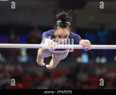 Auburn, AL, USA. 10th Mar, 2023. Auburn's Gabby McLaughlin competes on the uneven parallel bars during the NCAA woman's gymnastics meet between the Penn State Nittany Lions and the Auburn Tigers at Neville Arena in Auburn, AL. Kyle Okita/CSM/Alamy Live News Stock Photo