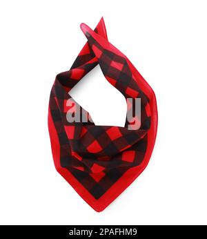 Folded red bandana with check pattern isolated on white, top view Stock Photo