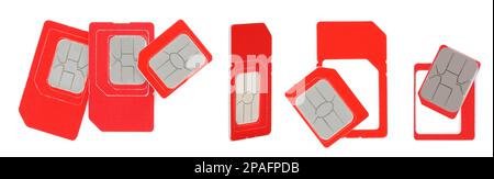 Set with red SIM cards on white background. Banner design Stock Photo