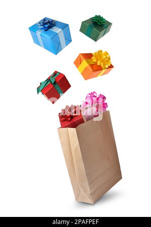 Many different gift boxes falling into paper shopping bag on white background Stock Photo