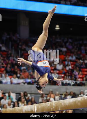 Auburn, AL, USA. 10th Mar, 2023. Auburn's Gabby McLaughlin competes on the balance beam during the NCAA woman's gymnastics meet between the Penn State Nittany Lions and the Auburn Tigers at Neville Arena in Auburn, AL. Kyle Okita/CSM/Alamy Live News Stock Photo