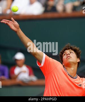 March 11, 2023 Ben Shelton serves against Taylor Fritz during the 2023 BNP Paribas Open at Indian Wells Tennis Garden in Indian Wells, California. Mandatory Photo Credit: Charles Baus/CSM Stock Photo