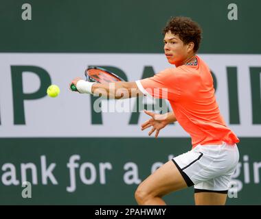 March 11, 2023 Ben Shelton returns a shot against Taylor Fritz during the 2023 BNP Paribas Open at Indian Wells Tennis Garden in Indian Wells, California. Mandatory Photo Credit: Charles Baus/CSM Stock Photo