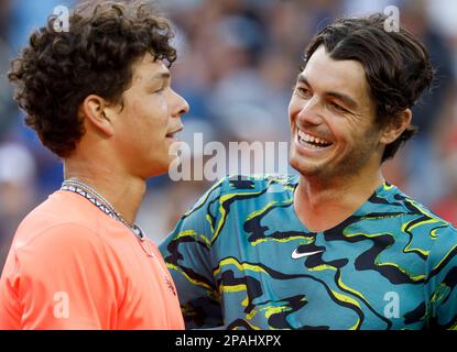 March 11, 2023 Ben Shelton congratulates Taylor Fritz after their match during the 2023 BNP Paribas Open at Indian Wells Tennis Garden in Indian Wells, California. Mandatory Photo Credit: Charles Baus/CSM Stock Photo