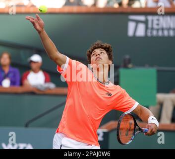 March 11, 2023 Ben Shelton serves against Taylor Fritz during the 2023 BNP Paribas Open at Indian Wells Tennis Garden in Indian Wells, California. Mandatory Photo Credit: Charles Baus/CSM Stock Photo