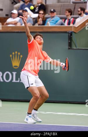 March 11, 2023 Ben Shelton serves against Taylor Fritz during the 2023 BNP Paribas Open at Indian Wells Tennis Garden in Indian Wells, California. Mandatory Photo Credit: Charles Baus/CSM Stock Photo