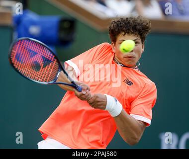 March 11, 2023 Ben Shelton returns a shot against Taylor Fritz during the 2023 BNP Paribas Open at Indian Wells Tennis Garden in Indian Wells, California. Mandatory Photo Credit: Charles Baus/CSM Stock Photo