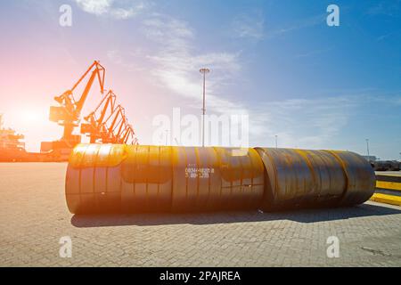 roll steel in harbor , Cold rolled steel coils Stock Photo