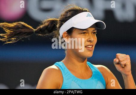 Serbia's Ana Ivanovic reacts after winning a point against Italy's Tathiana Garbin in their Women's singles second round match at the Australian Open tennis championships in Melbourne, Australia, Thursday, Jan. 17, 2008. (AP Photo/Rick Stevens)