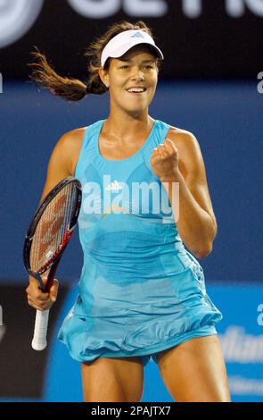 Serbia's Ana Ivanovic reacts after winning a point against Italy's Tathiana Garbin in their Women's singles second round match at the Australian Open tennis championships in Melbourne, Australia, Thursday, Jan. 17, 2008. (AP Photo/Rick Stevens)