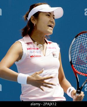 Japan's Akiko Morigami reacts as she plays Russia's Maria Kirilenko in a second round Women's Singles match in Melbourne, Australia, Thursday, Jan. 17, 2008. (AP Photo/Shuji Kajiyama)
