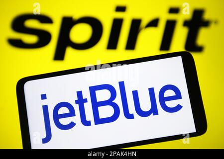 Ukraine. 11th Mar, 2023. In this photo illustration, JetBlue Airways Corporation logo seen on a smartphone and Spirit Airlines logo on a pc screen. Credit: SOPA Images Limited/Alamy Live News Stock Photo