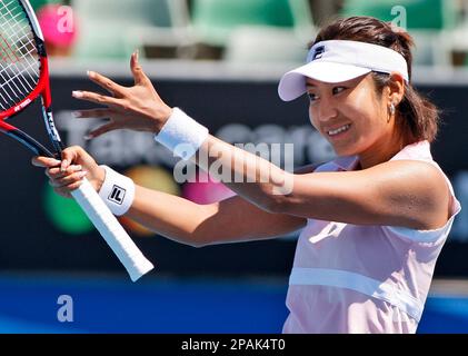 Japan's Akiko Morigami reacts as she plays Michaela Krajicek of the Netherlands during a first round match against at the Australian Open tennis championships in Melbourne, Australia, Tuesday, Jan. 15, 2008. (AP Photo/Mark Baker)