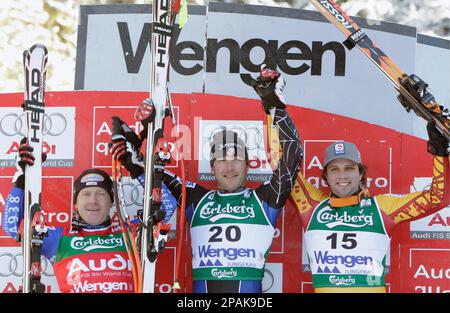 US skier Bode Miller, center, winner of the men's Ski World Cup