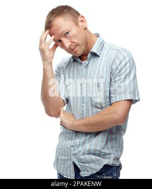 Confidence grows with age. A cropped portrait of a stressed middle-aged man isolated on white. Stock Photo