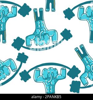 Training elephant with a barbell. Seamless pattern. Vector illustrations in cartoon flat isolated on white background. Stock Vector