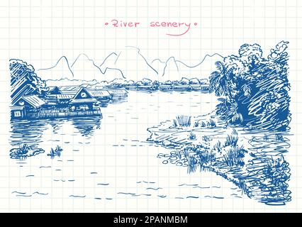 Beautiful Riverside Village Drawing With Boat | Easy scenery drawing,  Riverside village, Village drawing