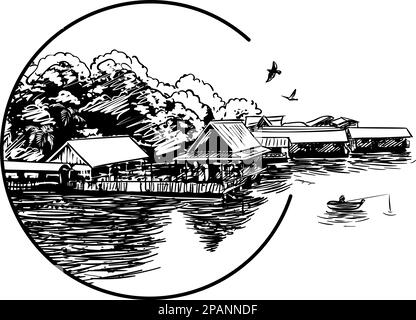 Sketch of small village on water in circle frame with fishing boat outside, Hand drawn vector illustration Stock Vector