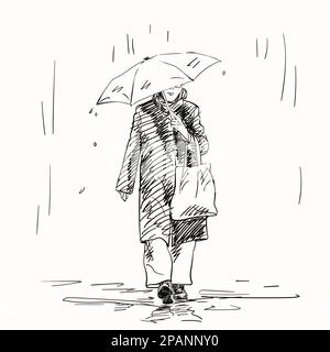 Sketch of woman in dark coat with shopping bag on arm walking under umbrella in rain, Hand drawn illustration Stock Vector