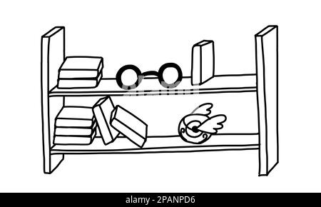 Shelves with magic books in outline doodle style. Vector illustration isolated on white background. Stock Vector