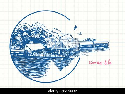 Small village on water in circle frame, Blue pen sketch on square grid travel sketchbook page with motivation quote Simple life, Hand drawn vector ill Stock Vector