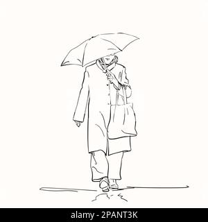Sketch of woman in coat with shopping bag on arm walking under umbrella, Hand drawn linear illustration Stock Vector