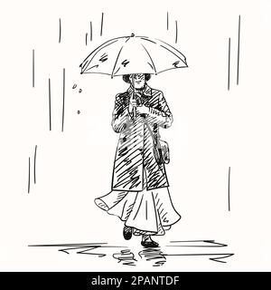 Sketch of elderly woman in dark coat and romantic skirt walking under umbrella in rain, Hand drawn illustration Stock Vector