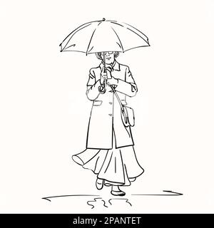 Sketch of elderly woman in dark coat and long skirt walking under umbrella, Hand drawn linear illustration Stock Vector