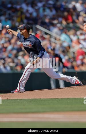 Detroit Tigers Starting Pitcher Charlie Morton Reacts On The Mound March 11 2023 North Port Fl Usa Atlanta Braves Starting Pitcher Charlie Morton 50 Delivers A Pitch During An Mlb Spring Training Game Against The 2panwrm 