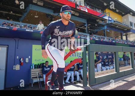 Atlanta Braves Kevin Pillar (17) bats during a spring training baseball  game against the New York Yankees on February 26, 2023 at George M.  Steinbrenner Field in Tampa, Florida. (Mike Janes/Four Seam