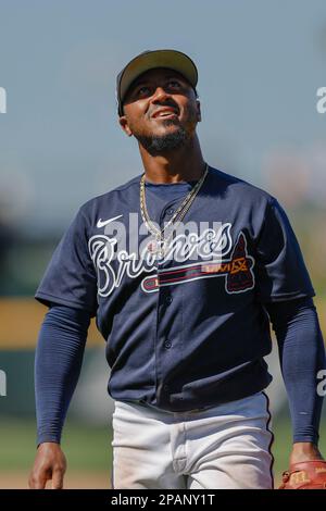 March 11, 2023, North Port FL USA; Atlanta Braves second baseman Ozzie Albies (1) heads to the dugout during an MLB spring training game against the D Stock Photo