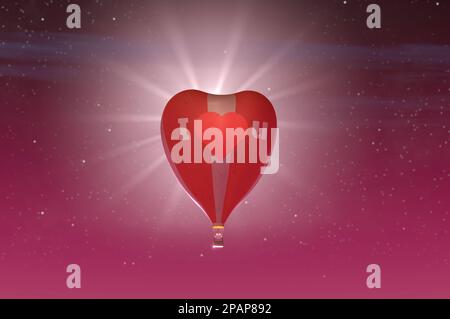 Pink red Heart shaped hot air balloon with stripes.  space for text Stock Photo