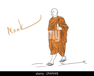 Colored sketch of walking buddhist monk with smart phone in hand, Hand drawn vector illustration isolated Stock Vector