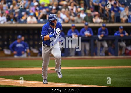 Kansas City Royals' Matt Beaty runs to first base after hitting a single  against the Los Angeles Angels during the eighth inning of a baseball game,  Sunday, June 18, 2023, in Kansas