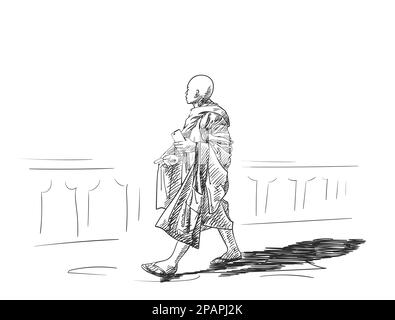 Sketch of walking buddhist monk with smart phone in hand walking outside, Hand drawn vector illustration Stock Vector