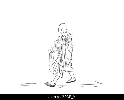 Sketch of walking buddhist monk with smart phone in hand, Hand drawn vector linear illustration isolated Stock Vector