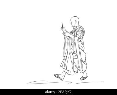 Sketch of walking buddhist monk with smart phone in hand, Hand drawn vector linear illustration isolated Stock Vector