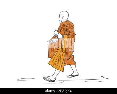 Colored sketch of walking buddhist monk with smart phone in hand, Hand drawn vector illustration isolated Stock Vector