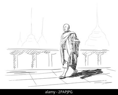 Sketch of buddhist monk with smart phone in hand walking outside temple, Hand drawn vector illustration Stock Vector