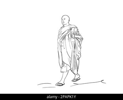 Sketch of walking buddhist monk with smart phone in hand, Hand drawn vector linear illustration isolated Stock Vector