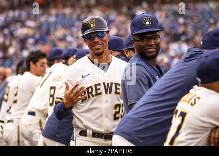 Milwaukee, United States Of America. 08th Apr, 2023. April 8, 2023: St.  Louis Cardinals first baseman Paul Goldschmidt (46) and Milwaukee Brewers  first base coach Quintin Berry (23) share a laugh as