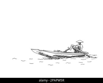 Sketch of vietnam man in conical hat is rowing boat with his feet, Hand drawn vector illustration Stock Vector