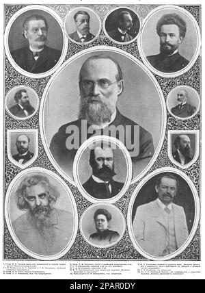 Collage for the 25th anniversary of the Russian Psychological Society with portraits of members of the society. Photo from 1910. Stock Photo