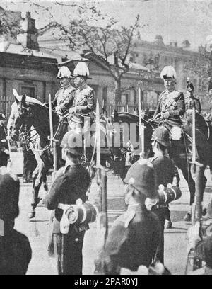 Funeral of King Edward VII in 1910. Emperor Wilhelm and King George V follow the coffin on horseback. Photo from 1910. Stock Photo