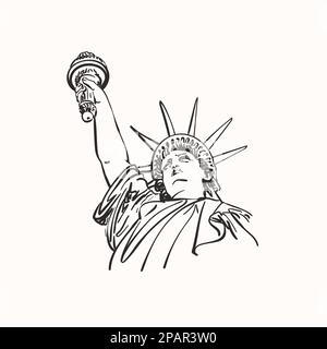 Sketch of Statue of Liberty New York City USA, Head with hand raised up, Hand drawn vector linear illustration Stock Vector