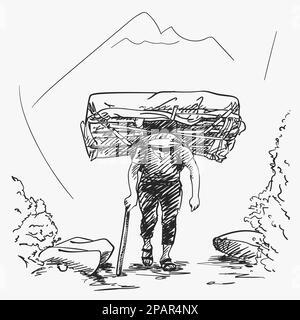 Sketch of nepali porter carrying full load heavy basket on his head in traditional way in mountains, Hand drawn illustration Stock Vector