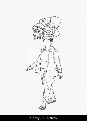 Burmese woman in longyi is carrying big bags on her head, Vector sketch ...