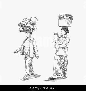 Two burmese women with no face are carrying big loads on head, one woman with baby in arms, Vector sketch with crosshatched shades, Hand drawn illustr Stock Vector