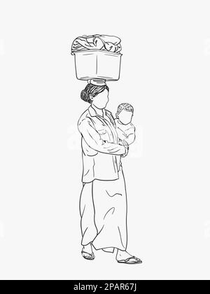 Burmese woman with baby in arms and with no face is carrying big box on her head, Vector sketch, Hand drawn linear illustration Stock Vector